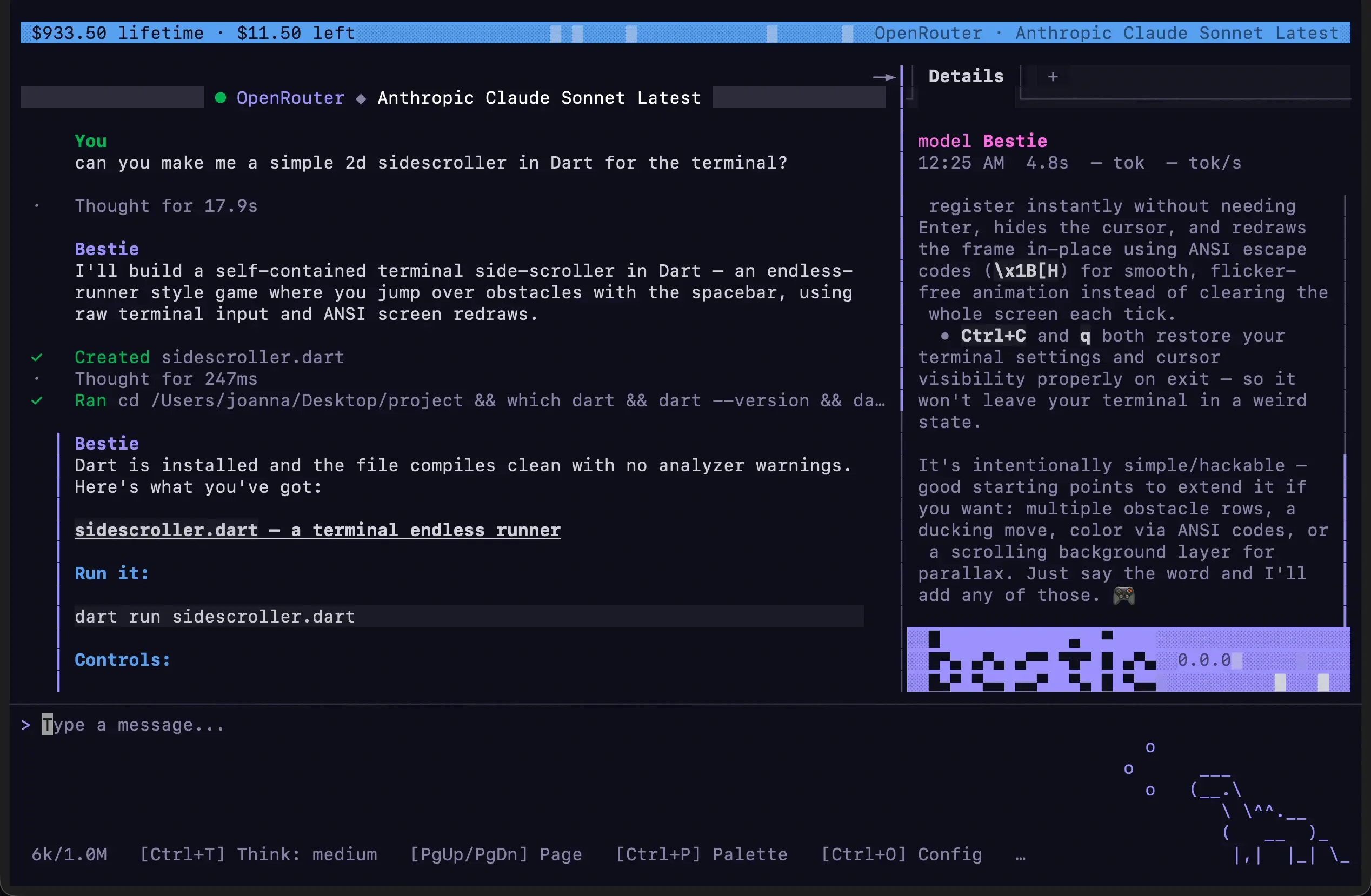 Bestie building a terminal side-scroller in Dart